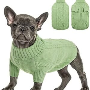 Queenmore Small Dog Pullover Sweater, Cold Weather Cable Knitwear, Classic Turtleneck Thick Warm Clothes for Chihuahua, Bulldog, Dachshund, Pug, Yorkie (Green, Small)