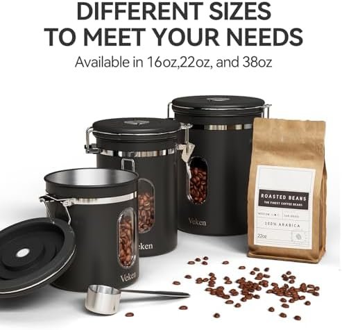 Veken Coffee Canister with Window, Airtight Stainless Steel Kitchen Food Storage Container, Date Tracker and Scoop for Grounds Coffee Bar Accessories, Beans, Tea, Flour, Cereal, Sugar, 22OZ, Black - Image 6