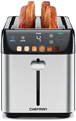 Chefman Smart Touch 4 Slice Digital Toaster, 6 Shade Settings, Stainless Steel Toaster 4 Slice with Extra-Wide Slots, Thick Bread Toaster and Bagel Toaster, +10, Defrost, Removable Crumb Tray