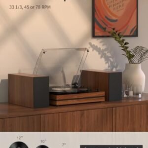 Vintage Record Player with External Speakers Belt-Drive Turntable for Vinyl Records Dual Stereo Speakers LP Players Support 3 Speed 3 Size Wireless Playback AUX Headphone Input Auto Stop Wood Red