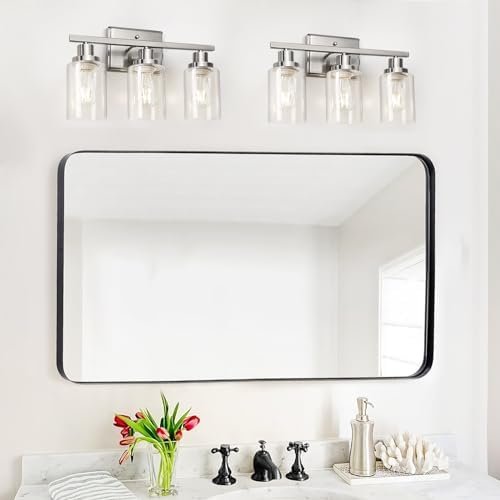 Ascher Bathroom Vanity Light Fixtures, 3 Light Wall Sconces Lighting with Clear Glass Shade, Brushed Nickel Wall Lights for Mirror, Kitchen, Living Room, Gallery, E26 Base (Bulbs Not Included) - Image 7