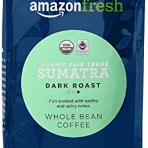 Amazon Fresh Organic Fair Trade Sumatra Whole Bean Coffee, Dark Roast, 12 Ounce