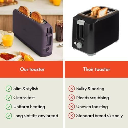 bella 2 Slice Slim Toaster, 6 Setting Shade Control w Reheat and Cancel Buttons, Removable Crumb Tray, 10” Long Slot, Anti Jam & Auto Shutoff, Auto Centering Guides and Cord Wrap, 900 Watt, Plum - Image 6