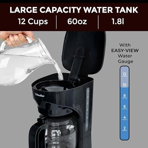Mueller 12-Cup Drip Coffee Maker - Borosilicate Carafe, Auto-Off, Reusable Filter, Anti-Drip, Keep-Warm Function, Clear Water Level Window Coffee Machine, Ideal for Home or Office - Image 3