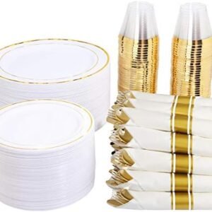 WELLIFE 350 Pieces Gold Plastic Plates - Disposable Silverware and Cups, Include: 50 Dinner Plates 10.25”, 50 Dessert Plates 7.5”, 50 Gold Rim Cups 9 OZ, 50 Gold Cutlery for Christmas