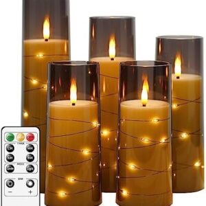 Flameless LED Candles with Timer 5 Pc Flickering Flameless Candles for Romantic Ambiance and Home Decoration Stable Acrylic Shell,with Embedded Star String，Battery Operated Candles（Grey）