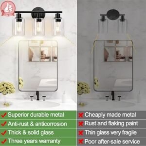 3-Light Bathroom Light Fixtures, Black Modern Vanity Lights with Clear Glass Shade, Bathroom Wall Lamp for Mirror Kitchen Living Room Hallway Cabinet Porch