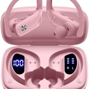 bmani Wireless Earbuds Bluetooth Headphones 48hrs Play Back Sport Earphones with LED Display Over-Ear Buds with Earhooks Built-in Mic Headset for Workout Pink