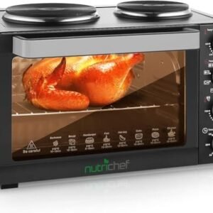 NutriChef 30 Quart Kitchen Convection Oven & 2 Burner Cooker - 1500 Watt Oven - 7 Cook Functions Rotisserie, Cook, Bake, Broil & More - Includes Baking Tray, Skewers & Handles - 19.6 x 16.0 x 13.5 IN