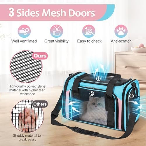 Cat Dog Carrier Up to 15 Lbs TSA Airline Approved Pet Carrier for Small Medium Cats Puppies Dog Carriers for Small Dogs Collapsible Soft Sided Cat Travel Carrier - Blue&Pink 17"x11"x11" - Image 6