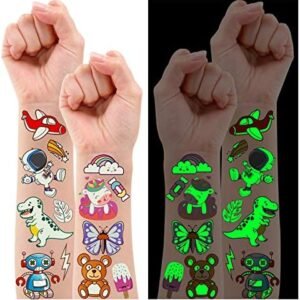Partywind 380 Styles (30 Sheets) Luminous Tattoos for Kids, Mixed Styles Temporary Tattoos Stickers with Mermaid/Dinosaur/Space/Pirate for Boys and Girls, Glow Party Supplies
