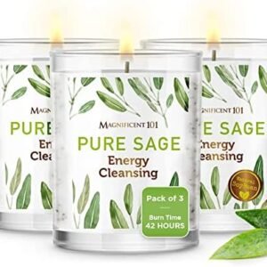 Magnificent 101 Set of 3 Long Lasting Pure Sage Smudge Candles, 42 Hour Burn - 3.5 Oz Each, Made of Soy Wax Candle for House Energy Cleansing, Meditation & Manifestation
