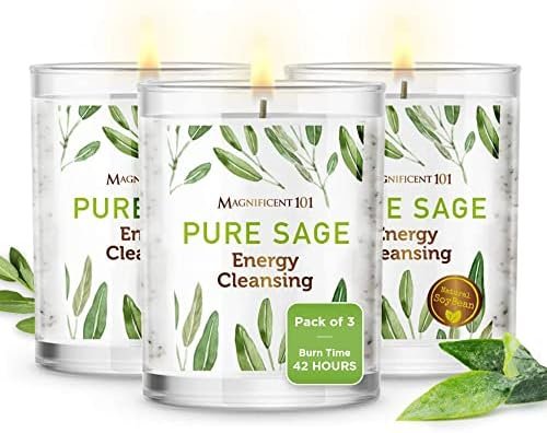 Magnificent 101 Set of 3 Long Lasting Pure Sage Smudge Candles, 42 Hour Burn - 3.5 Oz Each, Made of Soy Wax Candle for House Energy Cleansing, Meditation & Manifestation