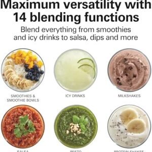 Hamilton Beach Wave Crusher Blender For Shakes and Smoothies With 40 Oz Glass Jar and 14 Functions, Ice Sabre Blades & 700 Watts for Consistently Smooth Results, Black + Stainless Steel (54221)