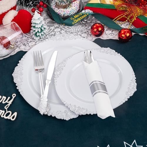 Liacere 350PCS Silver Plastic Plates&Pre Rolled Napkins for 50 Guests - Plastic Dinnerware Sets 100 Silver Disposable Plates, 150 Silver Silverware, 50Cups and 50Napkins for Wedding&Party&Christmas - Image 4