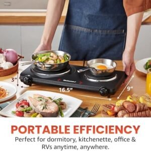 Elite Gourmet EDB-302BF# Countertop Double Cast Iron Burner, 1500 Watts Electric Hot Plate, Temperature Controls, Power Indicator Lights, Easy to Clean, Black
