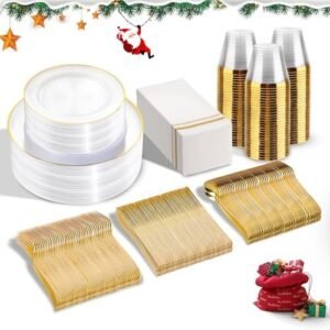 SUT 350Pcs Plastic Dinnerware Set for 50 Guests, Clear and Gold Plastic Plates, Disposable Plates and Napkins Party Supplies, Gold Plastic Silverware, Plates, Cups and Napkins Sets for Party Weddings