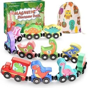 Toys for Toddlers, 11 Magnetic Wooden Dinosaur Train Set, Montessori Toys for Toddlers, Preschool Educational Material for Kids, Birthday Gifts for Boys, Girls
