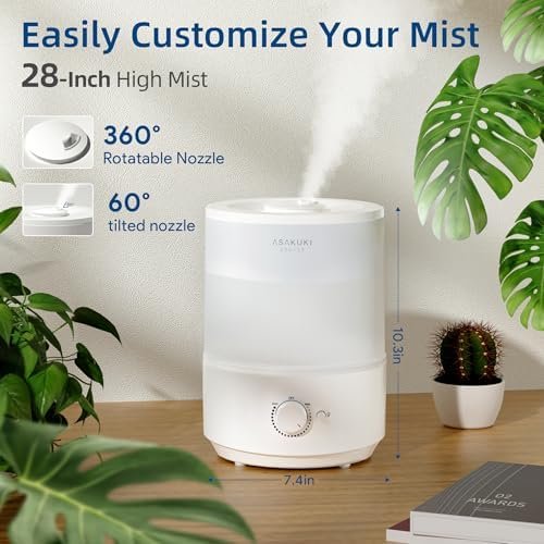 ASAKUKI Humidifiers for Bedroom, 3L Top Fill Cool Mist Humidifiers for Baby Nursery & Plants, 3-IN-1 Quiet Air Humidifier, Oil Diffuser & Night Light for Large Room Home, Auto Shut-off, BPA-Free, 30H - Image 3