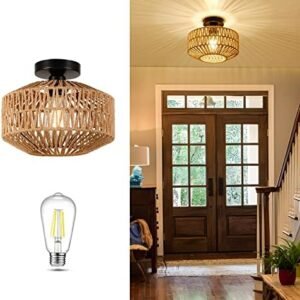 Boho Light Fixtures Ceiling Mount,Mini Rattan Chandelier Light Fixture with Dimmable LED Bulb,Hand Woven Ceiling Light Fixtures Flush Mount for Hallway Bedroom Kitchen Entryway Living Room