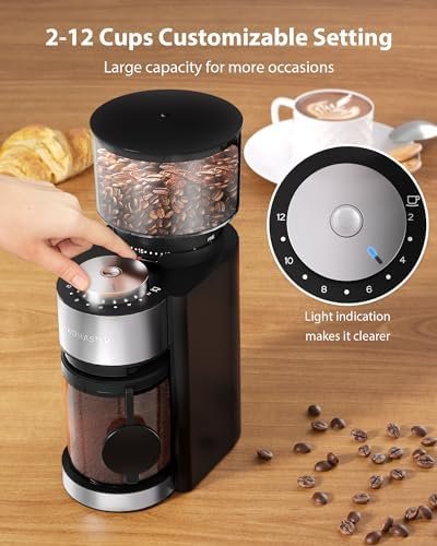Aromaster Burr Coffee Grinder, Coffee Bean Grinder with 25 Grind Setting, 2-12 Cups Timer, Conical Coffee Grinders for Home Use, 3-Ears Portafilter Holder, Cleaning Brush, Black - Image 4