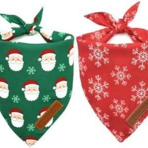Realeaf Christmas Dog Bandanas 2 Pack, Snowflake and Santa Claus Dog Scarf for Boy and Girl, Premium Durable Fabric, Holiday Red and Green Bandana for Large and Extra Large Dogs Cats Pets (X-Large)
