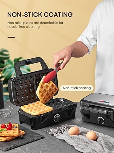 FOHERE Waffle Maker 3 in 1 Sandwich Maker 1200W Panini Press With Removable Plates and 5-gear Temperature Control, Non-stick Coating Easy to Clean,Indicator Lights, Silver/Black - Image 8