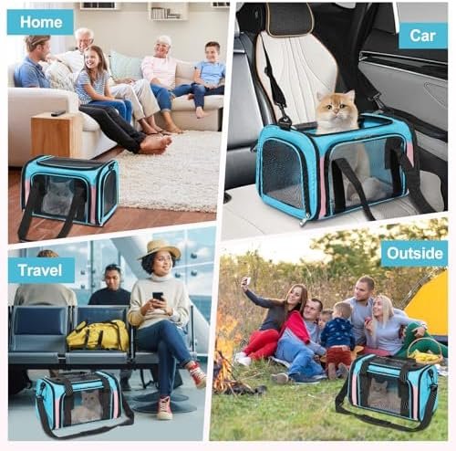 Cat Dog Carrier Up to 15 Lbs TSA Airline Approved Pet Carrier for Small Medium Cats Puppies Dog Carriers for Small Dogs Collapsible Soft Sided Cat Travel Carrier - Blue&Pink 17"x11"x11" - Image 8