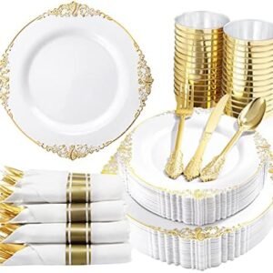 Nervure 350PCS Gold Plastic Plates - Gold Plastic Dinnerware Sets for 50 Guests - 100 Gold Disposable Plates, 150 Gold Plastic Silverware, 50 Cups, 50 Napkins for Wedding & Party & Christmas
