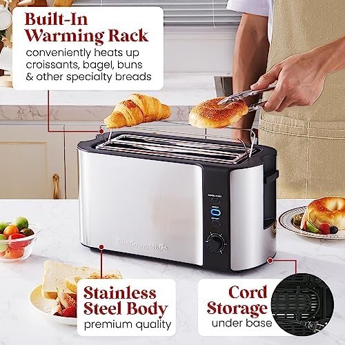 Elite Gourmet ECT-3100 Long Slot 4 Slice Toaster, Reheat, 6 Toast Settings, Defrost, Cancel Functions, Built-in Warming Rack, Extra Wide Slots for Bagels & Waffles, Stainless Steel & Black - Image 7