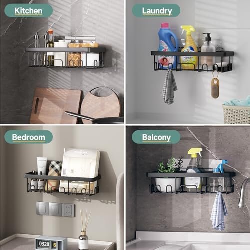 Veken Adhesive Shower Caddy 6-Pack, Large Capacity Bathroom Organizers and Storage, Rustproof Shelves Rack with Soap Holder, No Drilling Wall-Mounted Kitchen & Home Decor, Bath Decor&Essentials, Black - Image 9