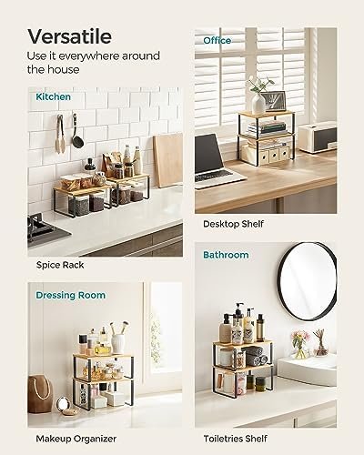 SONGMICS Cabinet Organizer Shelf, Set of 2 Kitchen Counter Shelves, Kitchen Storage, Spice Rack, Stackable, Expandable, Metal and Engineered Wood, Ink Black and Natural Beige UKCS02NB - Image 5