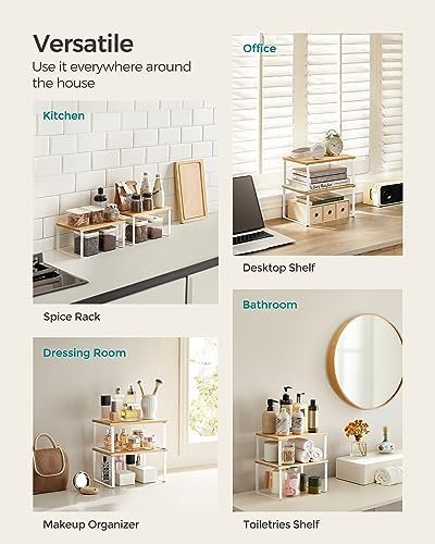 SONGMICS Cabinet Organizer Shelf, Set of 4 Kitchen Counter Shelves, Kitchen Storage, Spice Rack, Stackable, Expandable, Metal and Engineered Wood, Cloud White and Natural Beige UKCS010N01 - Image 6