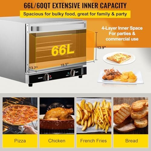 VEVOR Commercial Convection Oven, 66L/60Qt, Half-Size Conventional Oven Countertop, 1800W 4-Tier Toaster w/Front Glass Door, w/Trays Wire Racks Clip Gloves, 120V - Image 3