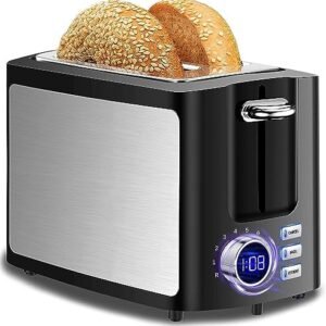 Toaster 2 Slice Wide Slot Toaster Best Rated Prime Displav Smart Toasters with LCD Digital Countdown Timer and Bagel/Defrost/Cancel/Reheat Function