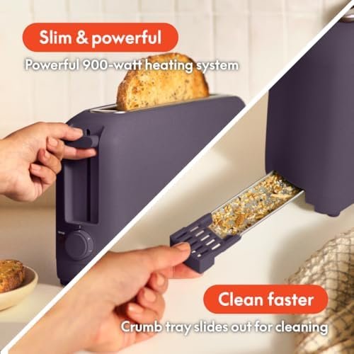 bella 2 Slice Slim Toaster, 6 Setting Shade Control w Reheat and Cancel Buttons, Removable Crumb Tray, 10” Long Slot, Anti Jam & Auto Shutoff, Auto Centering Guides and Cord Wrap, 900 Watt, Plum - Image 4