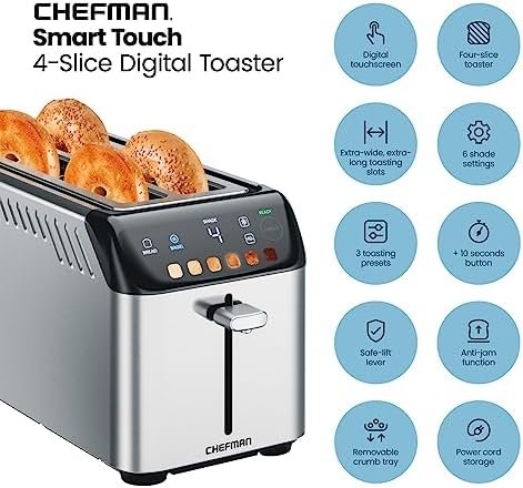 Chefman Smart Touch 4 Slice Digital Toaster, 6 Shade Settings, Stainless Steel Toaster 4 Slice with Extra-Wide Slots, Thick Bread Toaster and Bagel Toaster, +10, Defrost, Removable Crumb Tray - Image 2