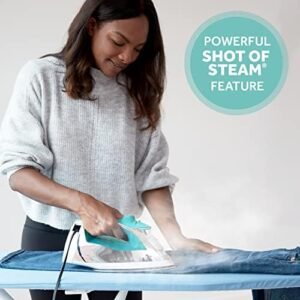 Sunbeam Steammaster 1400 Watt Iron with 8′ Retractable Cord, Large Anti-Drip Nonstick Stainless Steel Soleplate, Horizontal or Vertical Shot of Steam and 3-Way Auto Shut-Off, Chrome/Teal