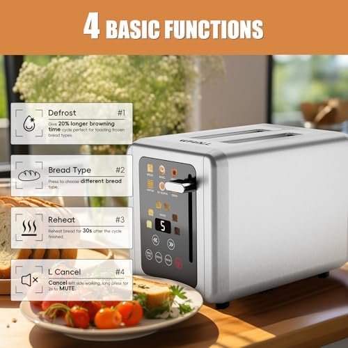 WHALL® Touch Screen Toaster 2 Slice, Stainless Steel Digital Timer Toaster, 6 Bread Types & 6 Shade Settings, Smart Extra Wide Slots Toaster With Bagel, Cancel, Defrost Functions - Image 3