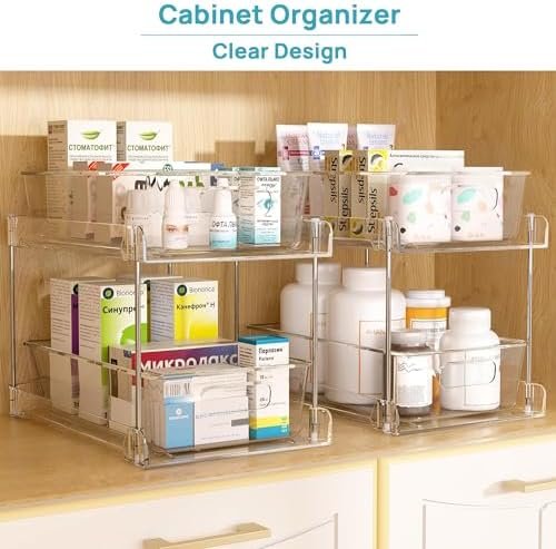 Vtopmart 4 Pack Bathroom Storage Organizer, 2 Tier Clear Under Sink Organizers Vanity Countertop Storage Container, Medicine Cabinet Drawers Bins, Pull-Out Organization with Track for Pantry, Kitchen - Image 3