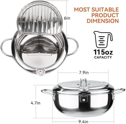 Kerilyn Deep Fryer Pot, 9.4 Inch/3.4 L Janpanese Style Tempura Frying Pot with Lid, 304 Stainless Steel with Temperature Control and Oil Drip Drainer Rack, for Kitchen French Fries, Chicken etc - Image 3