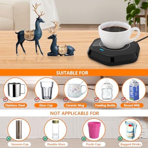 Smart Beverage Heating Plate Candle Wax Cup Warmer Electric Thermostat Coaster for Hot Coffee Milk Tea Water Cocoa Desk Home Office Use (R1 Black) - Image 4