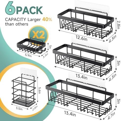 Veken Adhesive Shower Caddy 6-Pack, Large Capacity Bathroom Organizers and Storage, Rustproof Shelves Rack with Soap Holder, No Drilling Wall-Mounted Kitchen & Home Decor, Bath Decor&Essentials, Black - Image 7