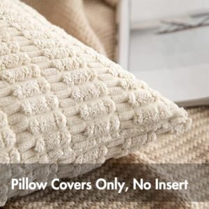 MIULEE Pack of 2 Corduroy Decorative Throw Pillow Covers 18×18 Inch Soft Boho Striped Pillow Covers Modern Farmhouse Christmas Home Decor for Sofa Living Room Couch Bed Cream White