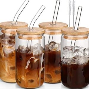 Glass Cups with Lids and Straws 4 pcs,16 oz Glass Cups for Coffee Bar Accessories-DWTS DANWEITESI Iced Coffee Cups with Lids,Drinking glasses Set,Coffee Cups Glass Tumbler with Straw and Lid for Gifts
