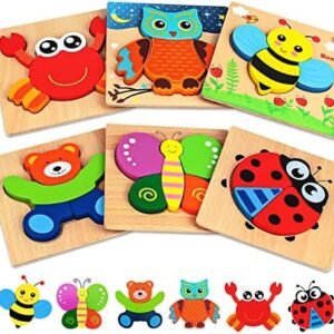 Dreampark Wooden Puzzles for Toddlers Ages 1-3, Montessori Toys for 1 2 3 Years Old Girls Boys Baby Kids Puzzle Learning Educational Christmas Birthday Gifts Toys 6 Pack Animal Jigsaw Puzzle