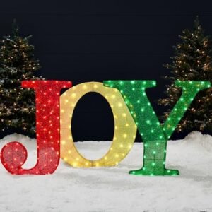 Best Choice Products 3-Piece Christmas Joy Yard Decoration, 32in 3D Lighted Outdoor Holiday Décor w/ 150 LED Lights, Ground Stakes - Red/Gold/Green
