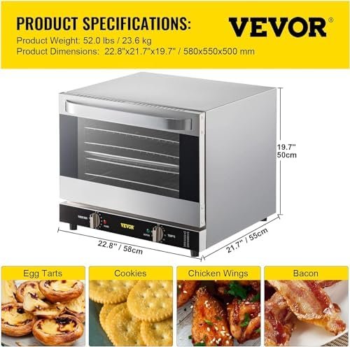 VEVOR Commercial Convection Oven, 66L/60Qt, Half-Size Conventional Oven Countertop, 1800W 4-Tier Toaster w/Front Glass Door, w/Trays Wire Racks Clip Gloves, 120V - Image 7