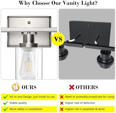 Ascher Bathroom Vanity Light Fixtures, 3 Light Wall Sconces Lighting with Clear Glass Shade, Brushed Nickel Wall Lights for Mirror, Kitchen, Living Room, Gallery, E26 Base (Bulbs Not Included) - Image 3