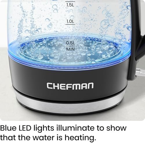 Chefman Electric Kettle, 1.8L 1500W, Hot Water Boiler, Removable Lid for Easy Cleaning, Auto Shut Off, Boil-Dry Protection, Stainless Steel Filter, BPA Free, Borosilicate Glass Electric Tea Kettle - Image 4